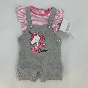 Quiltex Baby's Girls Believe Unicorn Ruffle Shirt Short Romper Set Size 6-9 NWT‎